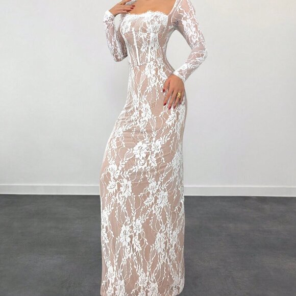 White Casual Women's Lace Long Sleeve Cupped Bustier Floor Length Bodycon Dress - Picture 2 of 5